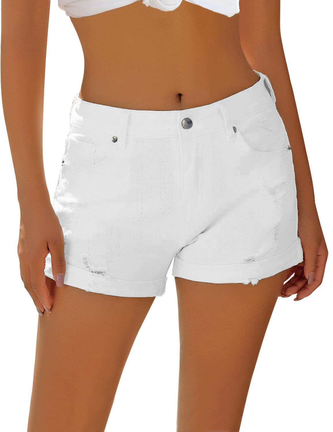 Necooer Damen Casual Ripped Denim Shorts Mittlere Taille Kurze Jeanshose mit Taschen