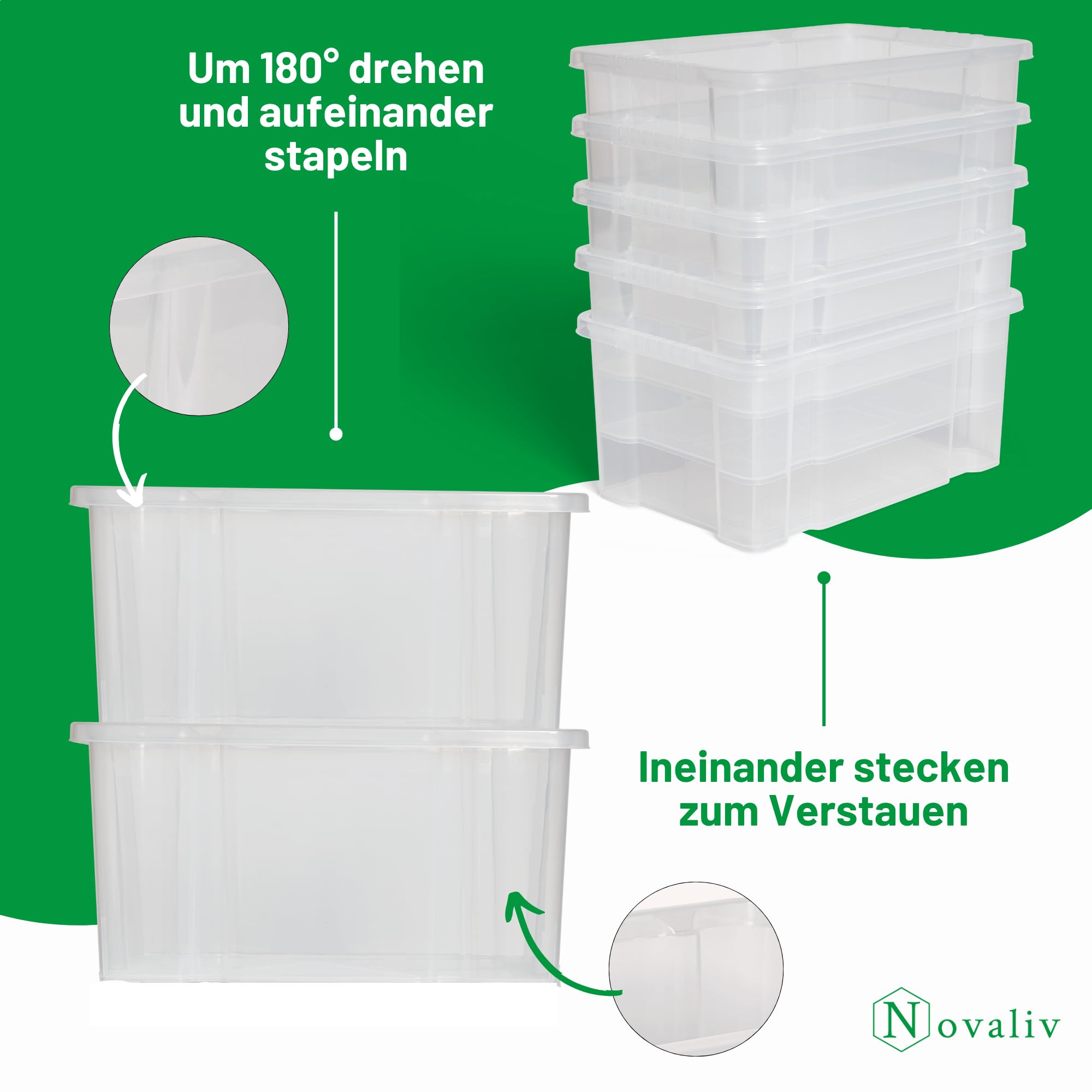 Novaliv 6 scatole portaoggetti con coperchio, 15 l, antracite, impilabili, con chiusura a clip, in plastica, senza BPA, 41 x 29 x 20 cm