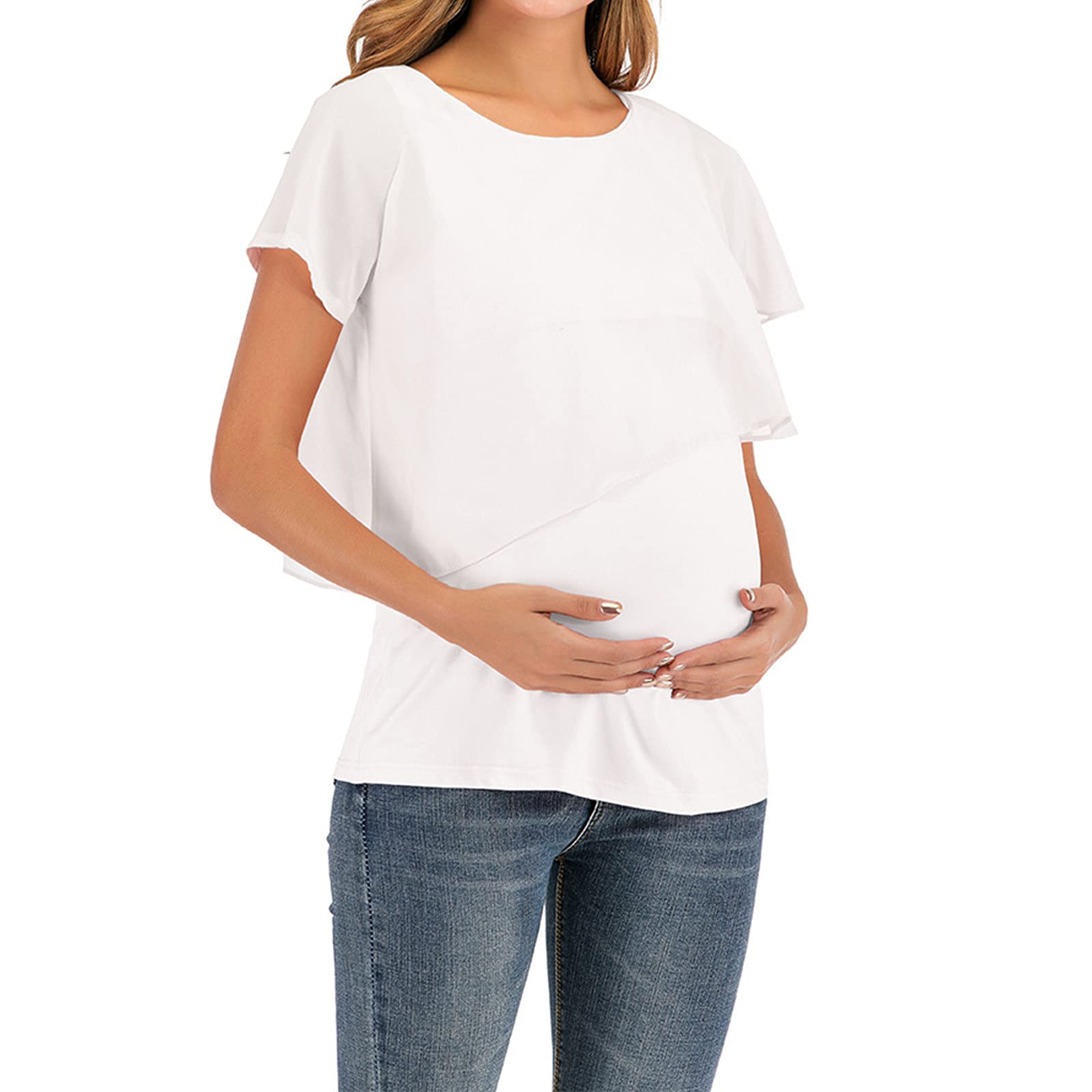 T-Shirt Umstandsmode Stilltop Stillbluse Schwanger Tops Umstands Oberteile Kurzarm Brust Rüschen Kreuz Mutterschaft Stillkleidung Umstandstops Umstandsbluse Umstandskleid