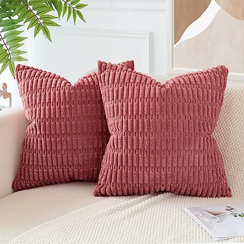 JOTOM Pack of 2 Corduroy Soft Striped Cushion Covers 40x40 cm 16x16 Inch Boho Decorative Throw Pillow Covers Square Cushion Case Home Decor Pillow Cases for Couch Sofa Living Room Bed (Cranberry Red) - Image 3