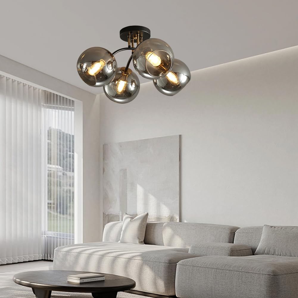 Globo Sputnik Lampadario in vetro Fagiolo magico Molecola Appeso Illuminazione a soffitto Plafoniera in ferro per Agriturismo Soggiorno Sala da pranzo Cucina Camera da letto (4-Luce,Grigio)