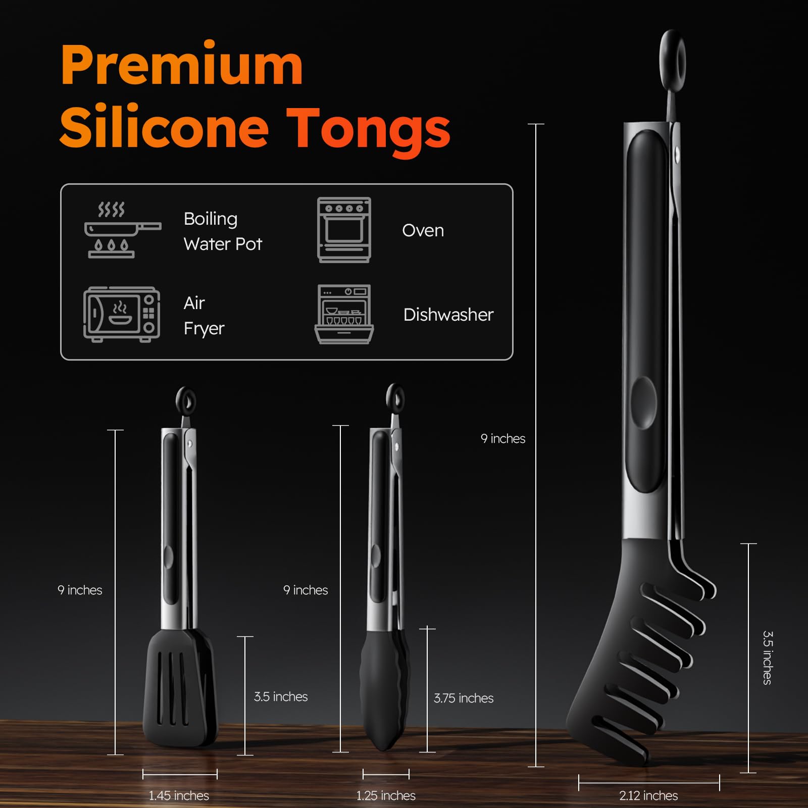 HST Pinzas para cocinar con puntas de silicona (paquete de 3), pinzas de cocina antiadherentes con punta de silicona para cocinar barbacoa (9 pulgadas, negro)