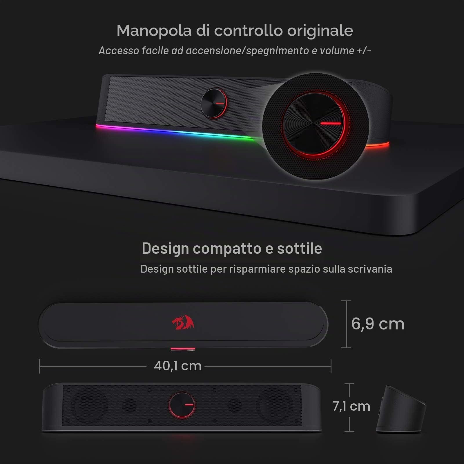 Redragon GS560 Adiemus RGB Desktop Soundbar, Altoparlante per computer a 2.0 canali con barra di illuminazione dinamica, sincronizzazione audio/luce, retroilluminato con controllo touch con manopola