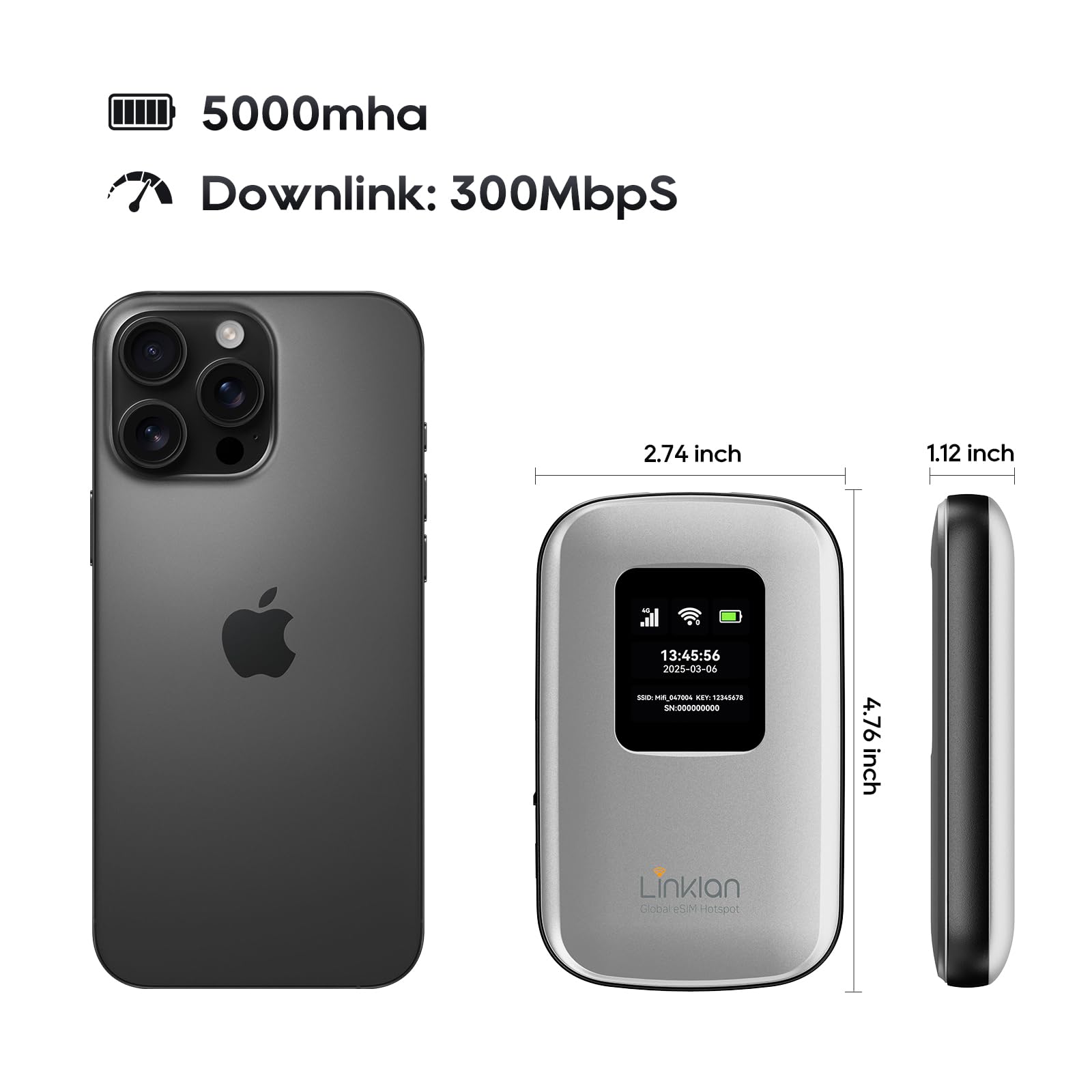 Tragbarer mobiler Hotspot – eSIM-fähiger globaler WLAN-Hotspot, Keine SIM-Karte/kein Vertrag erforderlich, 16 Geräte, über 180 Länder, kompakter WLAN【15 Tage kostenloses 5G-Datenvolumen in Europa】