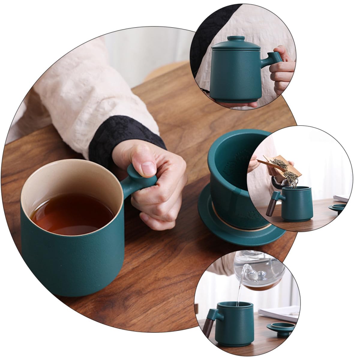 BESPORTBLE Taza de Cerámica con Mango de Madera y Tapa Set 3 Piezas 400ml Taza de Té con Infusor para Hogar y Oficina con Leche Verde Multiusos para Infusiones y Bebidas Calientes