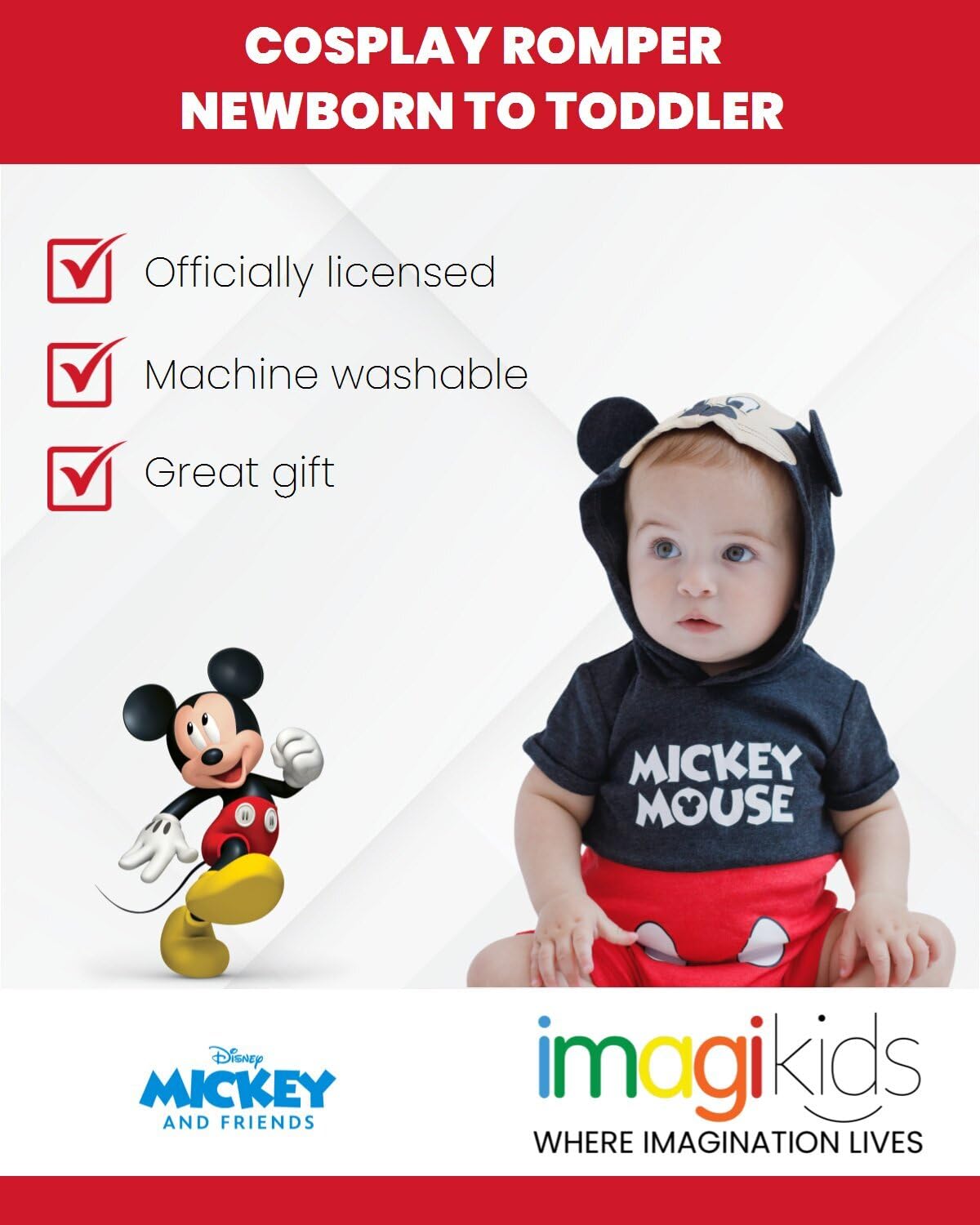 Disney Mickey Mouse Toddler Boys Hooded Costume Romper Red/Black 2T