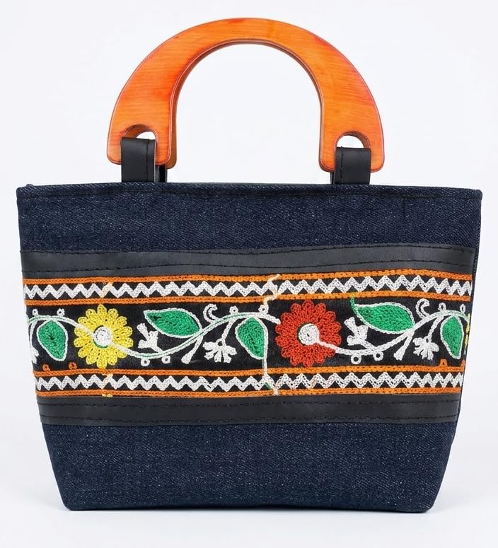 bloomtail Denim Small Handheld Potli Style Bag for Women, Floral Embroidered, Fibre Brown Handle-picture-28