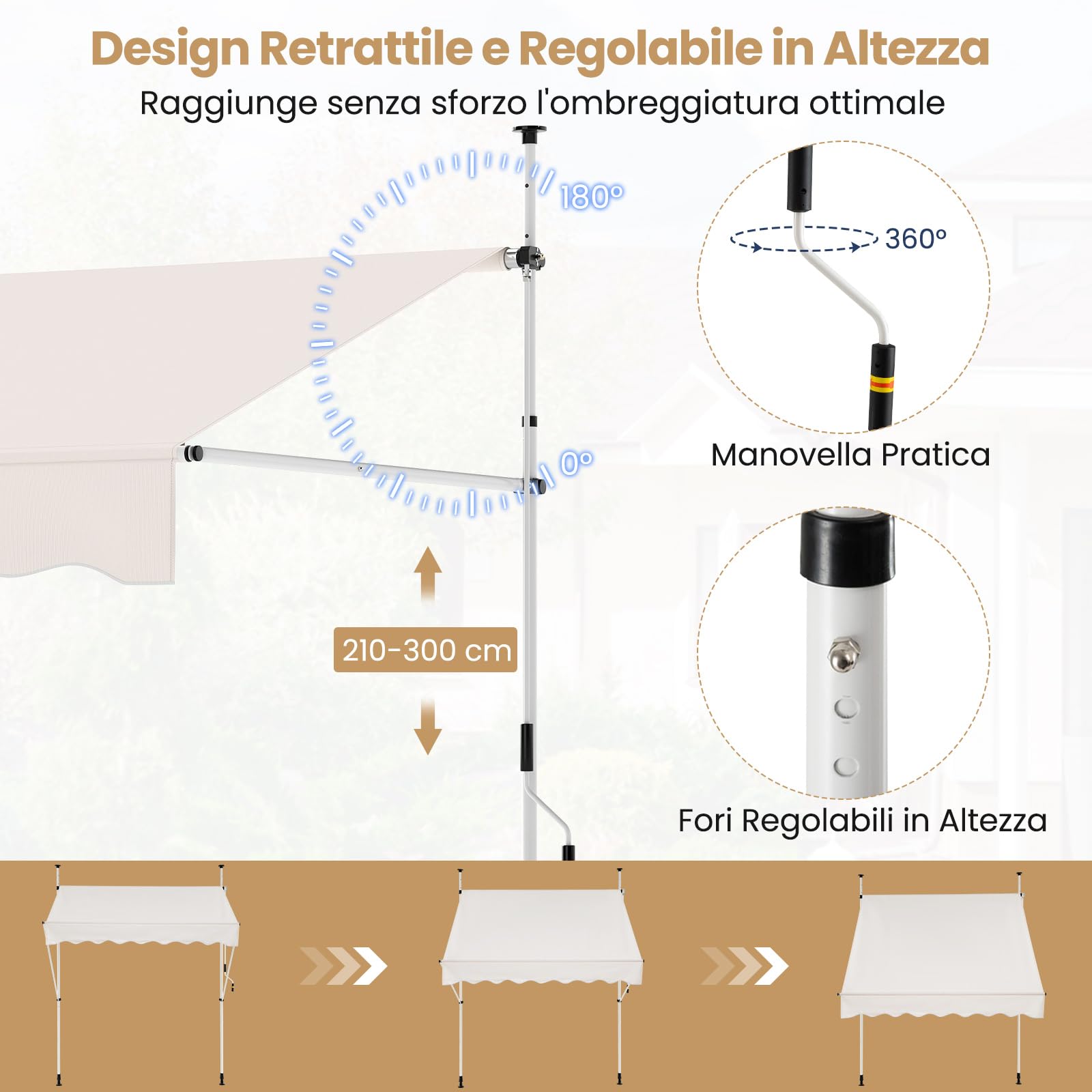 COSTWAY Tenda da Sole a Morsetto, Regolabile in Altezza e Inclinazione con Manovella, Telo Impermeabile e Resistente ai Raggi Solari e Telaio Antiruggine, Tenda Retrattile Senza Foratura (2M,Bianco)