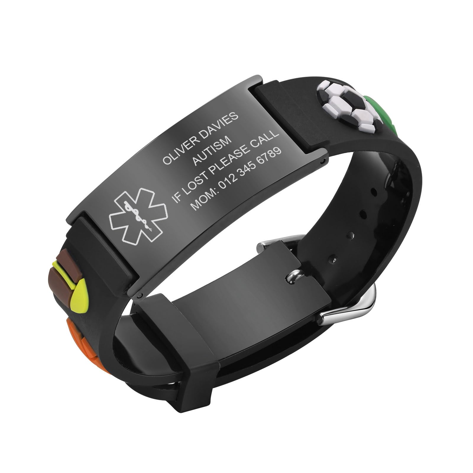 Kids Bracelet Safety ID Wristbands - Personalised Medical Alert ID Bracelets with Black Silicone Ball Cartoon Pattern, Outdoor Anti-Lost Wristband with Emergency Contact Information For Boys Child