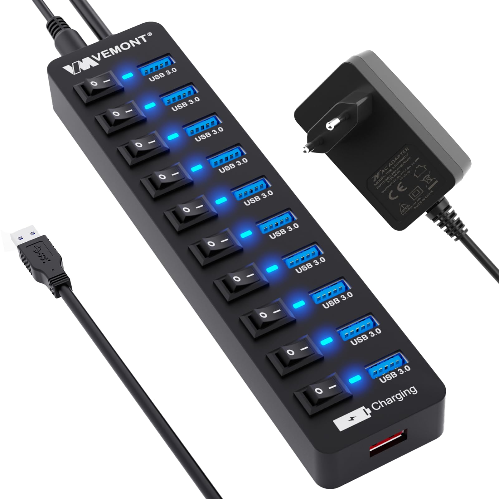 USB Hub Aktiv 3.0 mit Netzteil, VEMONT 11 Ports USB Verteiler (10*3.0 Ports,1 Intelligenter Charging Port)mit 12V/3A Netzteil,USB Splitter mit Individuellen Schalter & 1,2m Langes Kabel für PC/Laptop