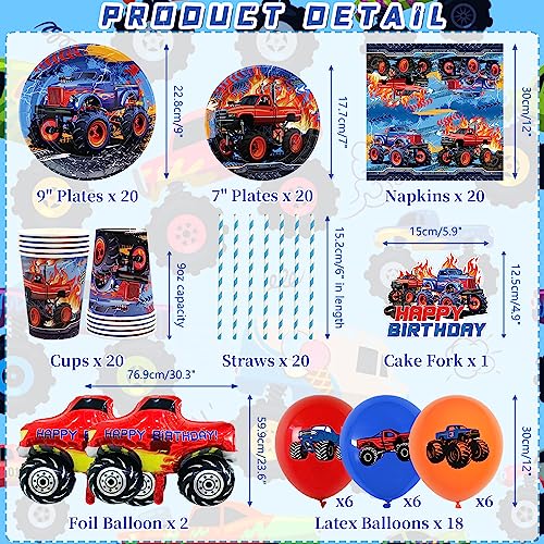 Décorations anniversaire Monster Trucks complet pour 20 invités avec vaisselle jetable et bannières