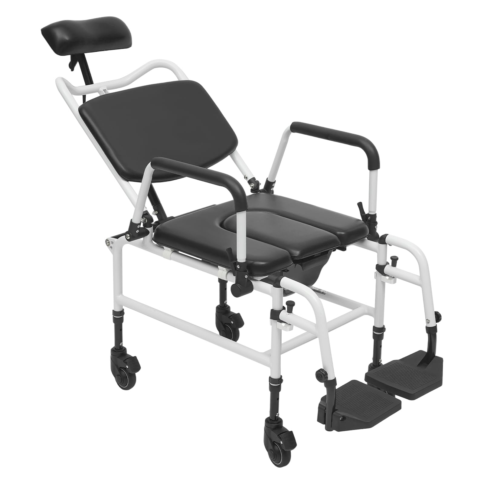 Prysznicowy wózek inwalidzki z regulowanym oparciem w zakresie 90-140°, składane podłokietniki do 100 kg, pomoc w kąpieli, regulacja wysokości siedziska 45-50 cm, 4 kółka hamulcowe, wózek inwalidzki