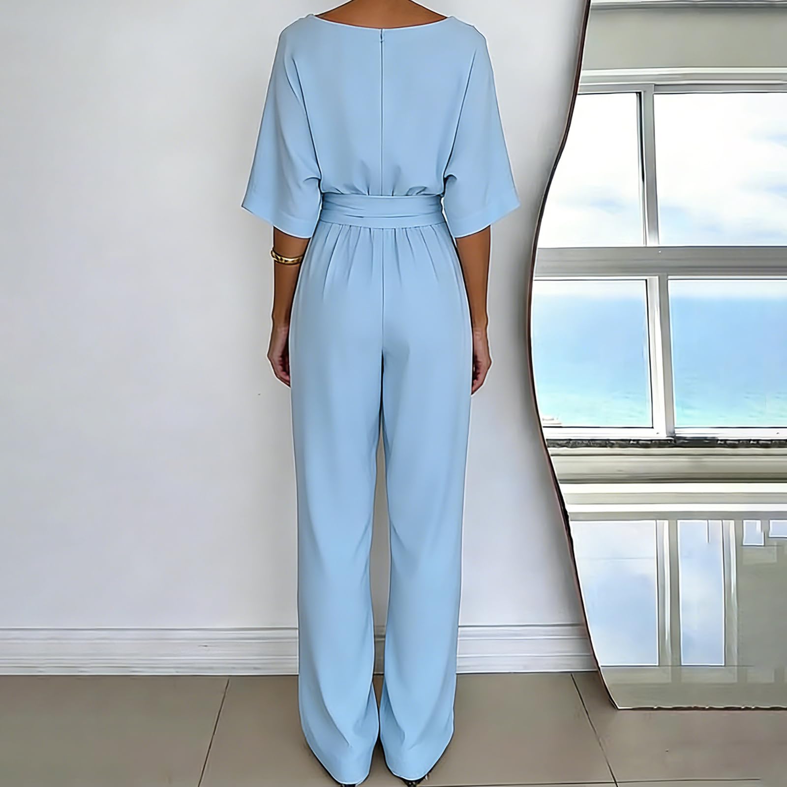 FUPODD Jumpsuit Damen Elegant Festlich Overall Hochzeit Mit Ärmel Playsuit Sommer Lang Wide Leg Mit Gürtel Jumpsuits Für Frauen Hochzeitsgast Hosenanzug V Ausschnitt Einteiler Buisness Romper Leicht