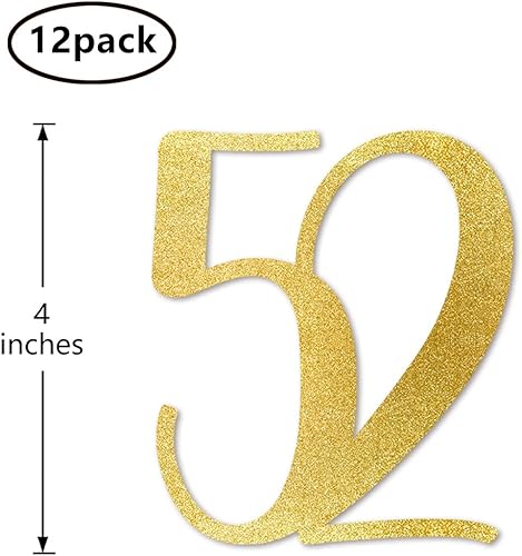 Miniatura 2 de Palitos de centro de mesa de cumpleaños 52 con purpurina dorada, paquete de 12 decoraciones de fiesta de aniversario número 52