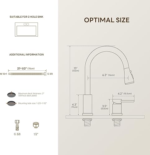 Miniatura 5 de APPASO Grifo de cocina de 2 agujeros, grifo de cocina de acero inoxidable con rociador extraíble, 3 modos, níquel cepillado de arco alto, moderno