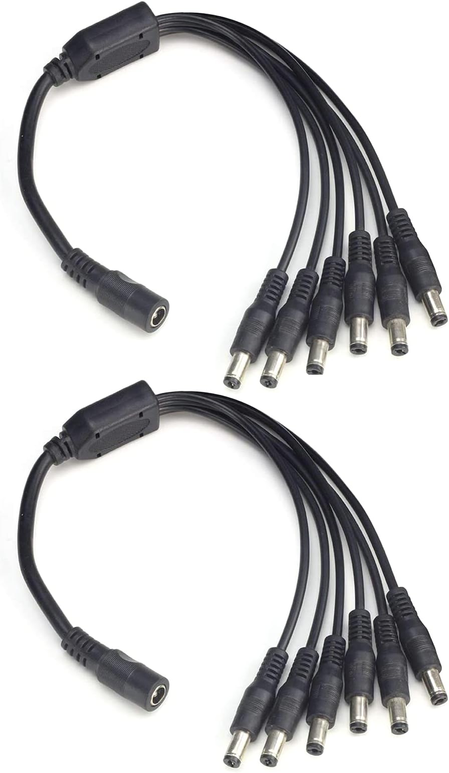 Security-01 2-Pack 1 to 6 Way DC Power Splitter Cable, Plug 5.5mm x 2.1mm for CCTV Cameras LED Light Strip and More
