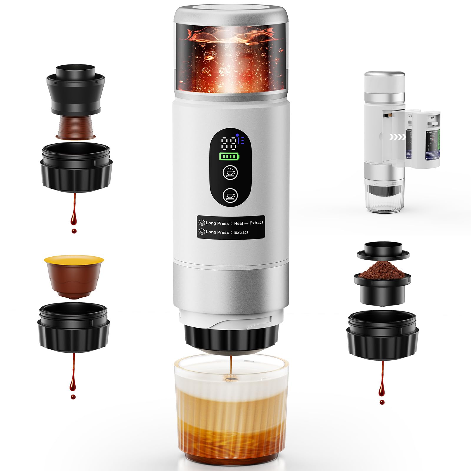 Macchina Caffe Portatile, Caffettiera Portatile 3-in-1 con batteria 2 x 7500 mAh,20 Bar, Autoriscaldante,USB-C,Piccola Macchina da Caffè 3 in 1 con Caffè Macinato e Capsule (NS & DG) per Camper