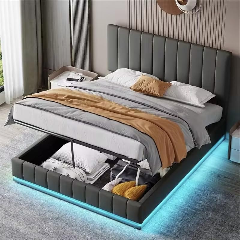 BTM King Size Bed with Storage, Upholstered King Size Bed with LED Lighting, PU Leather King Size Bed Frame with Adjustable Channel Tufted Headboard, 5FT-150x200cm (No Mattress)
