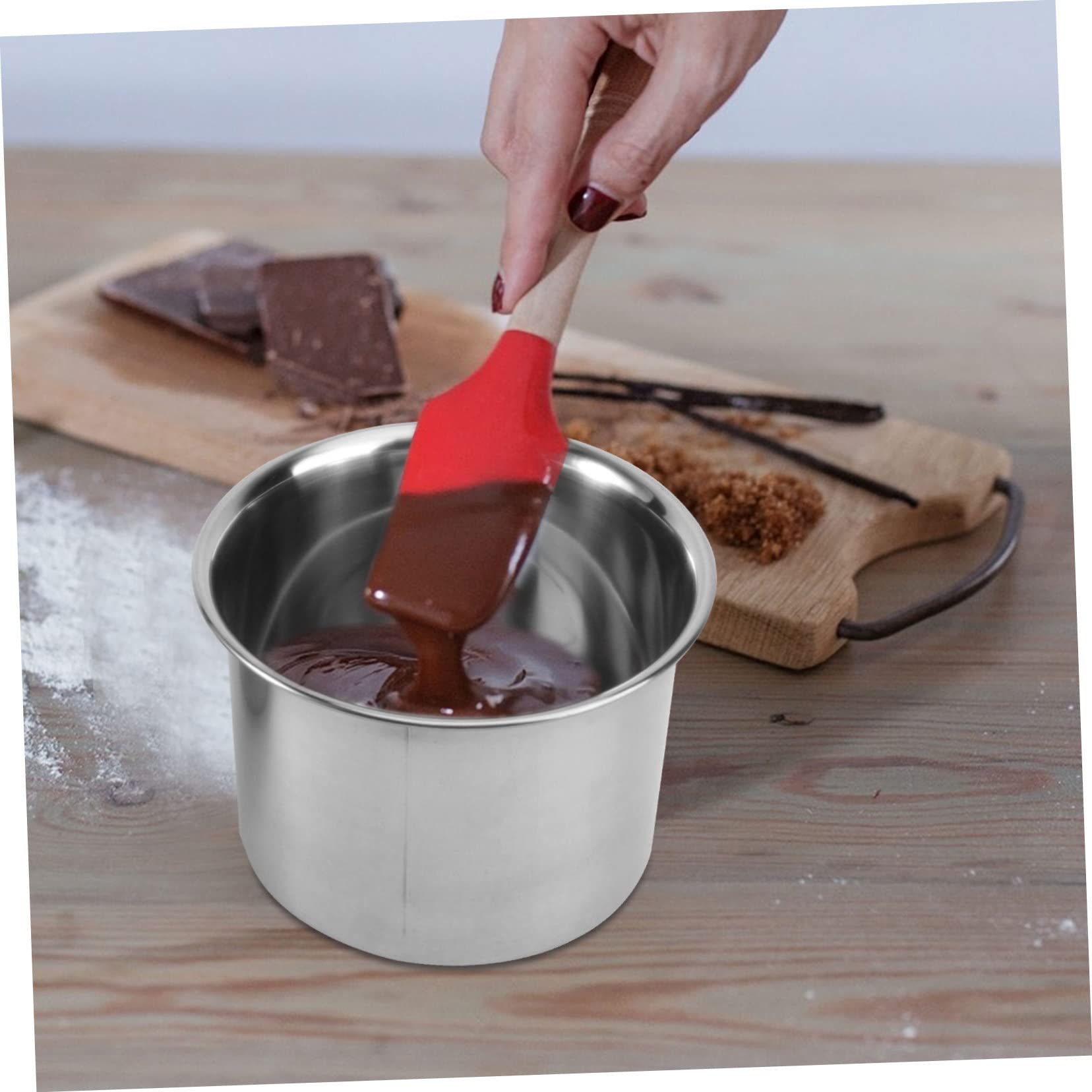 Set 2 Pentole da Fusione in Acciaio Inox per Cioccolato | Manico lungo Silicone, Finitura Argento, per Margarina e Preparazioni Dolciarie Artigianali