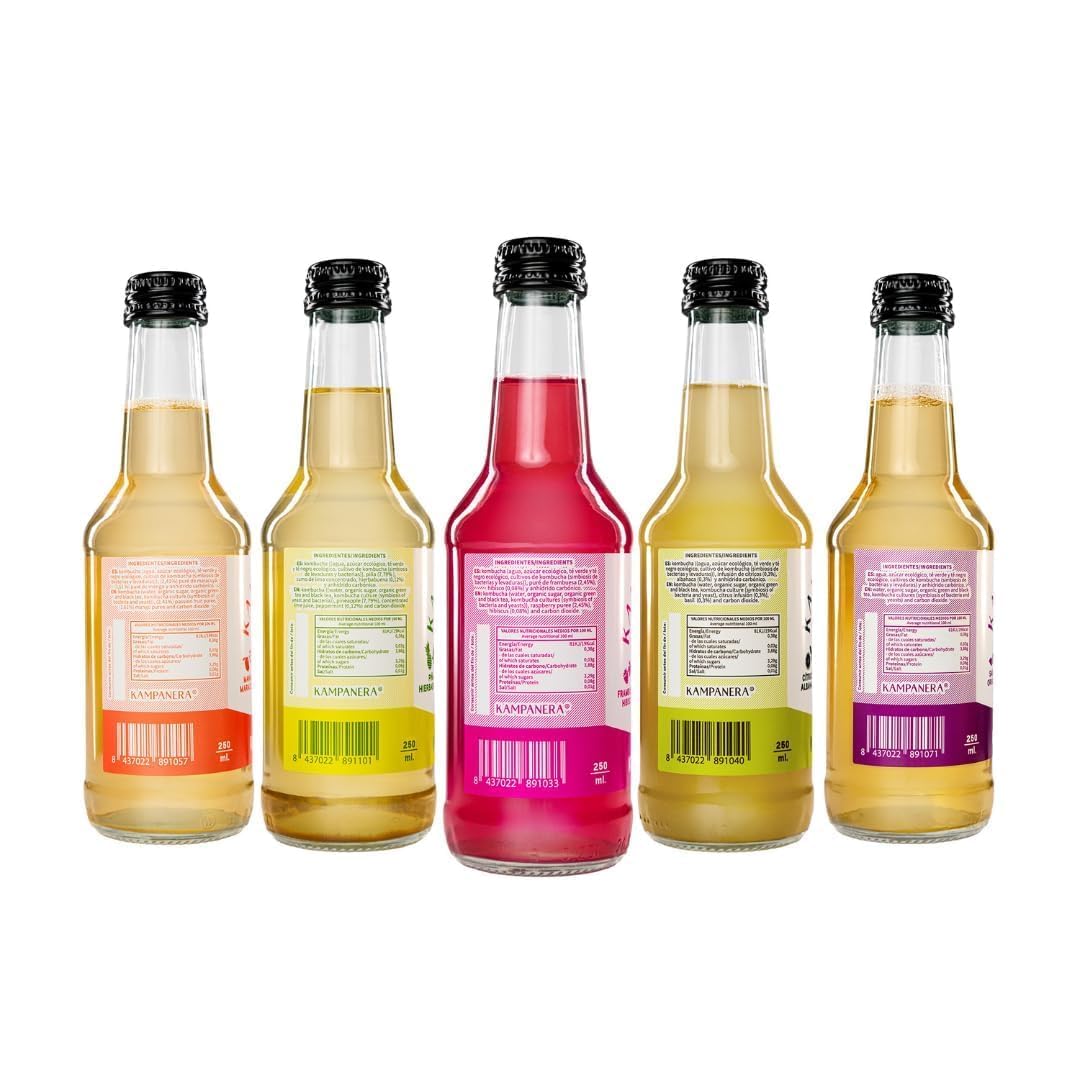 Kampanera - Pack Mix Kombucha 5 Estrellas -12 Botellas de 250 ml - Kombucha Natural - Bebida Fermentada - Té Verde y Negro - Sin Azúcar Añadida - Baja Carbonatación - Artesanal