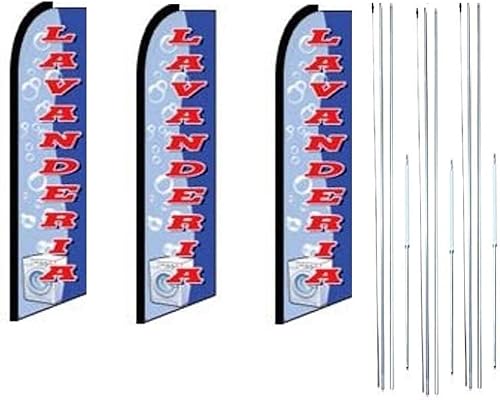 LAVANDERIA King Swooper Bandera Pack de 3 Letreros con poste híbrido completo