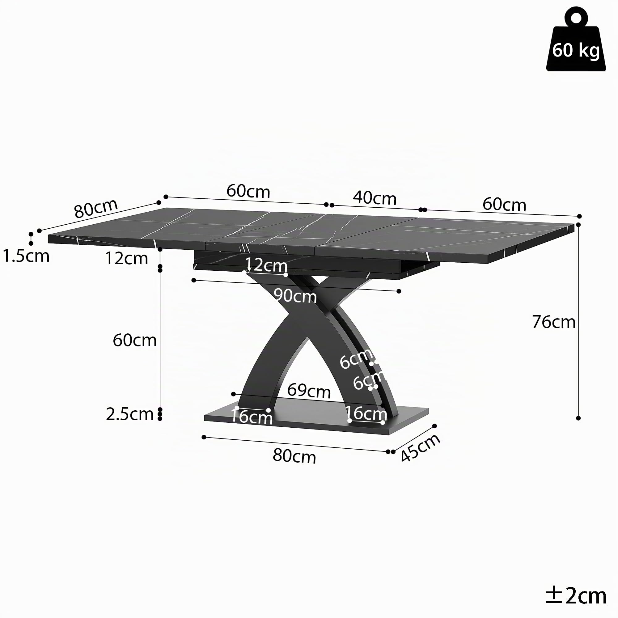 Esstisch Ausziehbar mit X-Förmige Tischbeine für 4-6 Personen, Esszimmertische Küchentisch mit Unverwechselbare Muster, Esstisch Holz Esszimmertisch Ausziehbar, 120-160x80x76 cm, Schwarz
