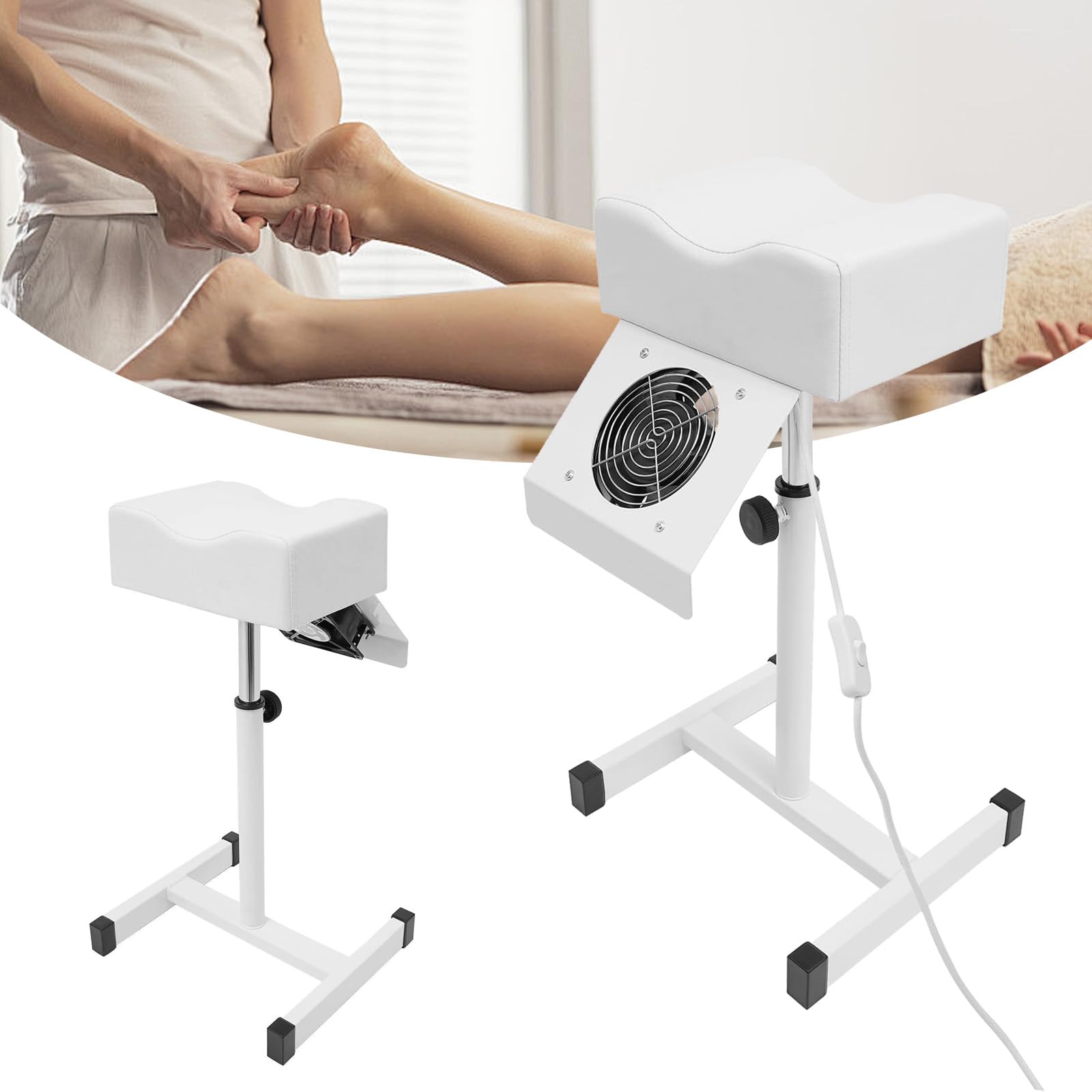 Silla de Pedicura Móvil BONJUME, Reposapiés con Altura Ajustable de 48-80CM, para Salón de Belleza y Estudio de Uñas, Blanco, Material: Acero y Piel Sintética