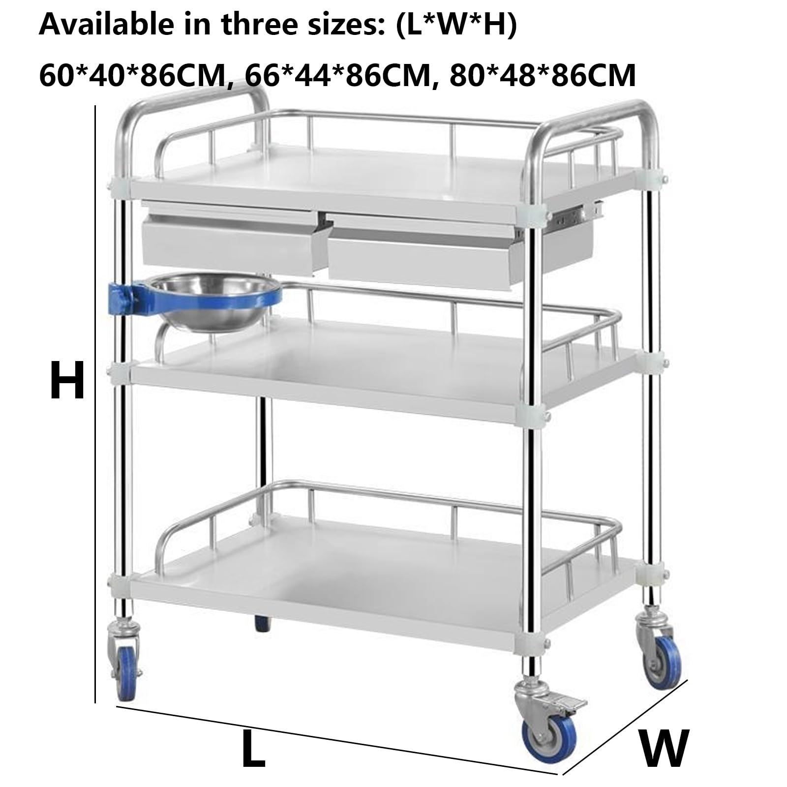 Carro Médico De Laboratorio De 2/3 Capas, Carro De Acero Inoxidable Con 2 Cajones, Carrito De Utilidad De Belleza Rodante, Equipo De Carro For Laboratorio, Hospital, Clínicas, Salones De Belleza ( Col