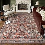 Lahome Oriental Machine Washable Area Rugs 8x10, Large Burgundy Rugs for Bedroom, Soft Disdressed Carpets for Living Room Dining Room Home Apartment (Red Navy)