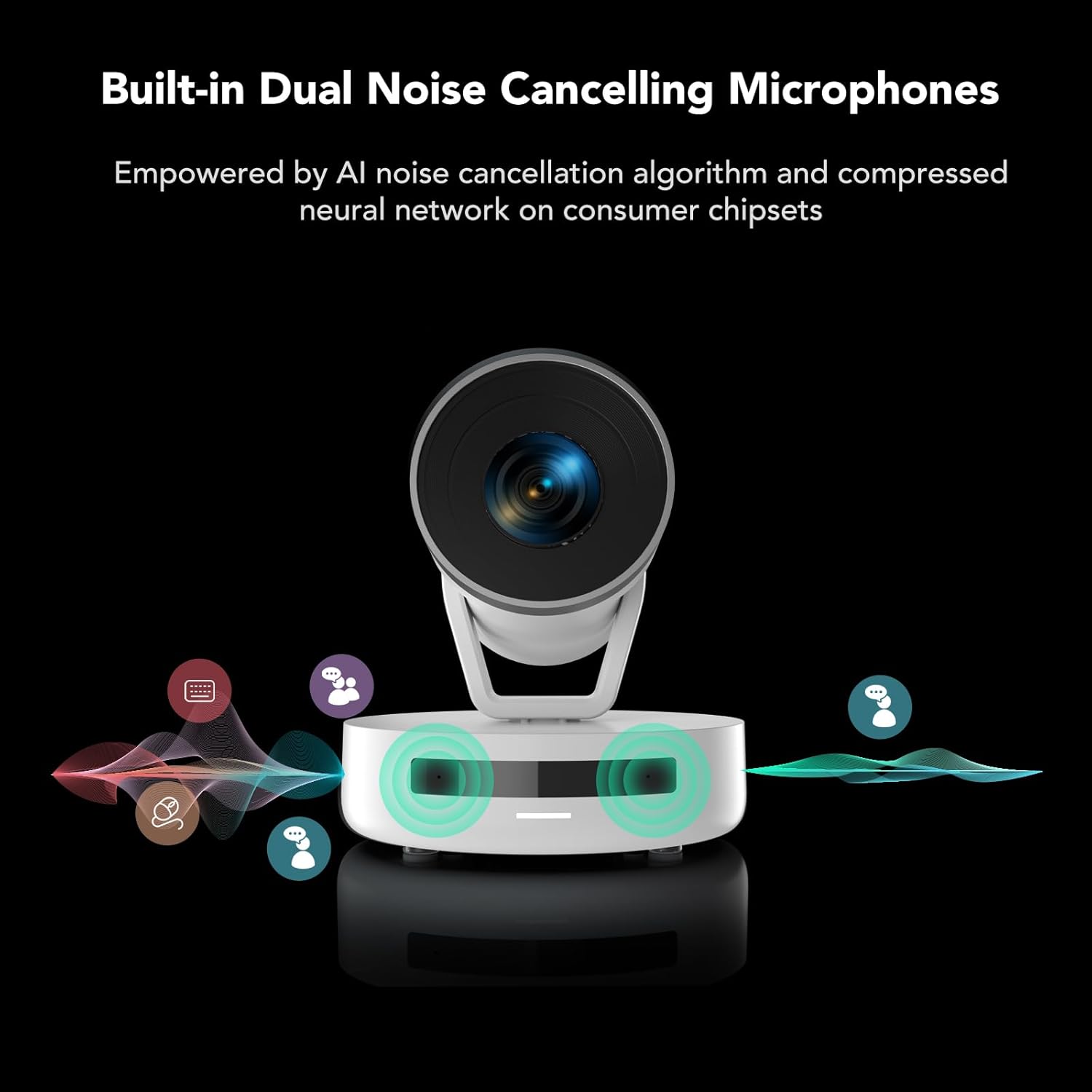 Diagram showing the built-in dual noise cancelling microphones on the NUROUM V403 PTZ Camera, with sound wave icons representing noise cancellation and clear voice pickup.