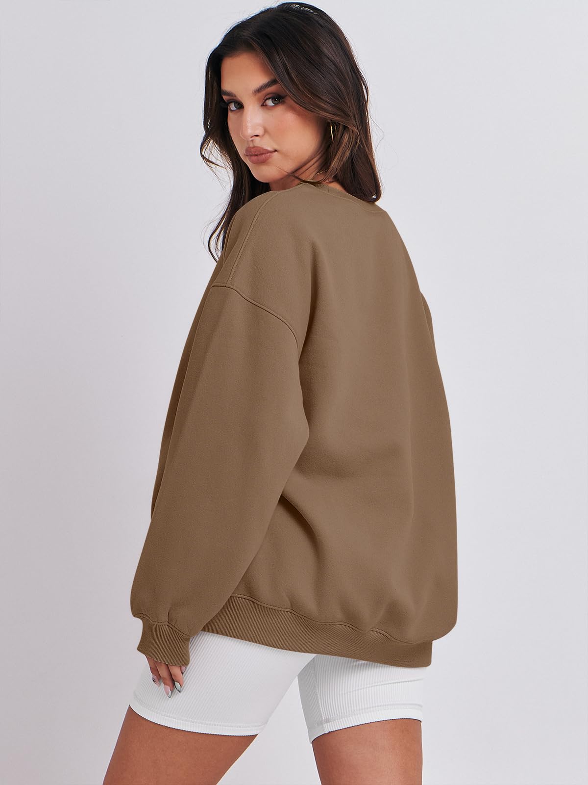 Damskie bluzy oversize bluzy z kapturem polar okrągły dekolt sweter top codzienne jesienne stroje preppy ubrania nastolatki 2024 A1019 światło, Jeden kolor, Brown_X-Small