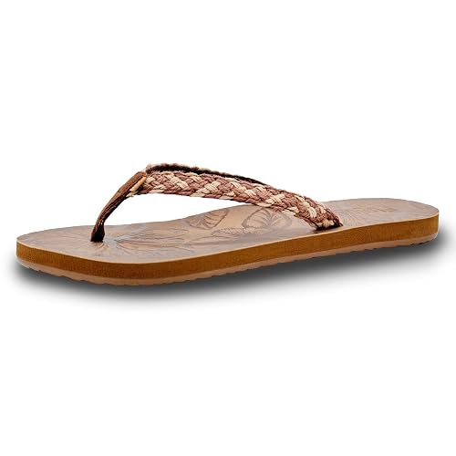 Flojos Women's Floriana Sandals | Lightweight Braided Upper-On Burnished Flip-Flop Sandals w/Hibiscus Footbed & TPR Outsole - 6 - Brown/Tan