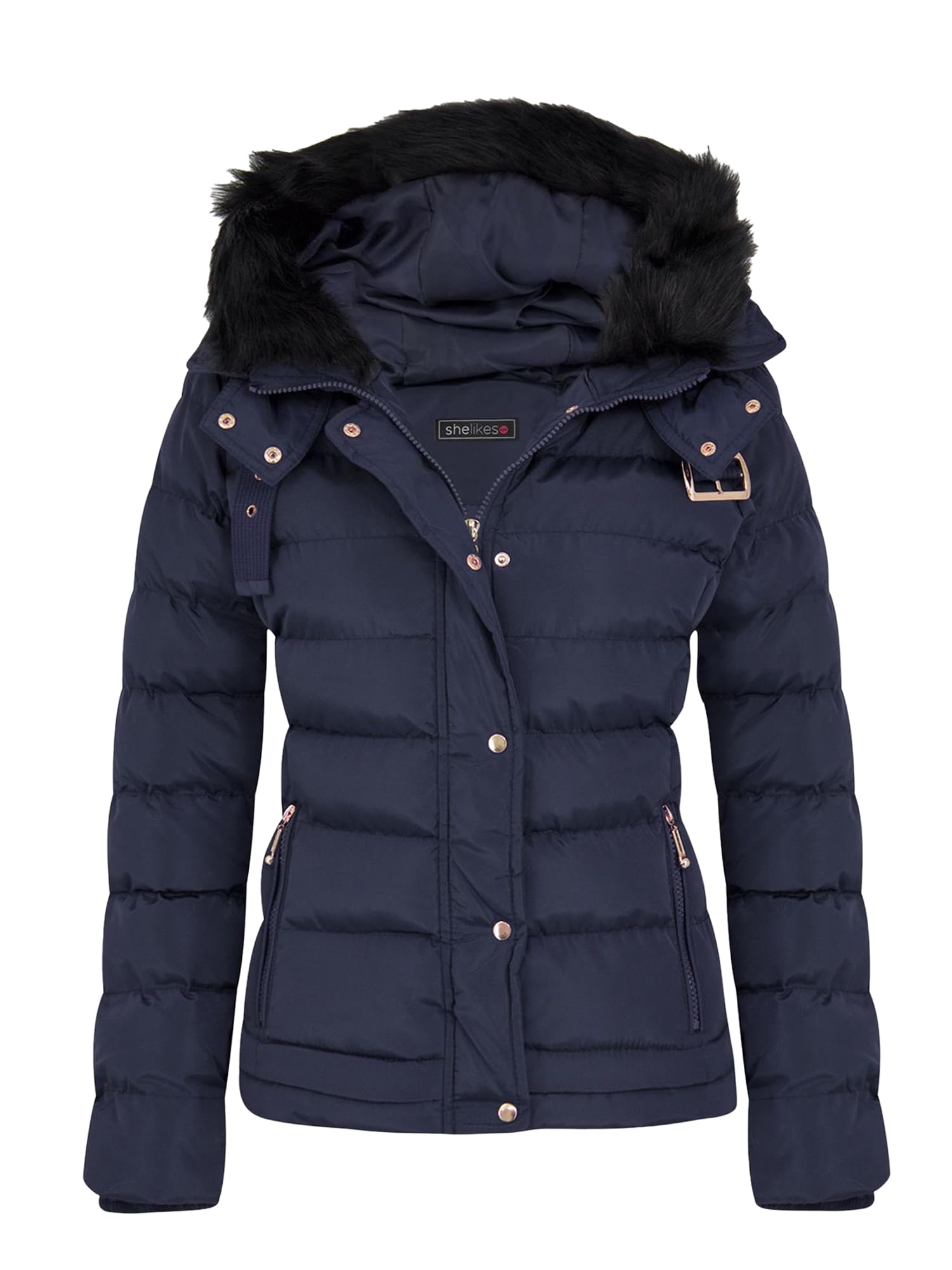 shelikes Womens Hooded Winter Jacket Quilted Padded Warm Coat Parka Jacket With Faux Fur Hood & Zip Pocket
