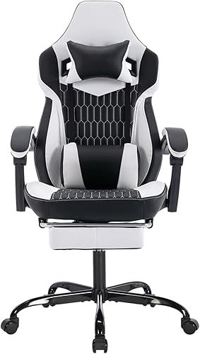 Miniatura 8 de Silla ergonómica de cuero para juegos con reposapiés, cómoda silla de masaje para juegos con cómodo reposacabezas y soporte lumbar para adultos,