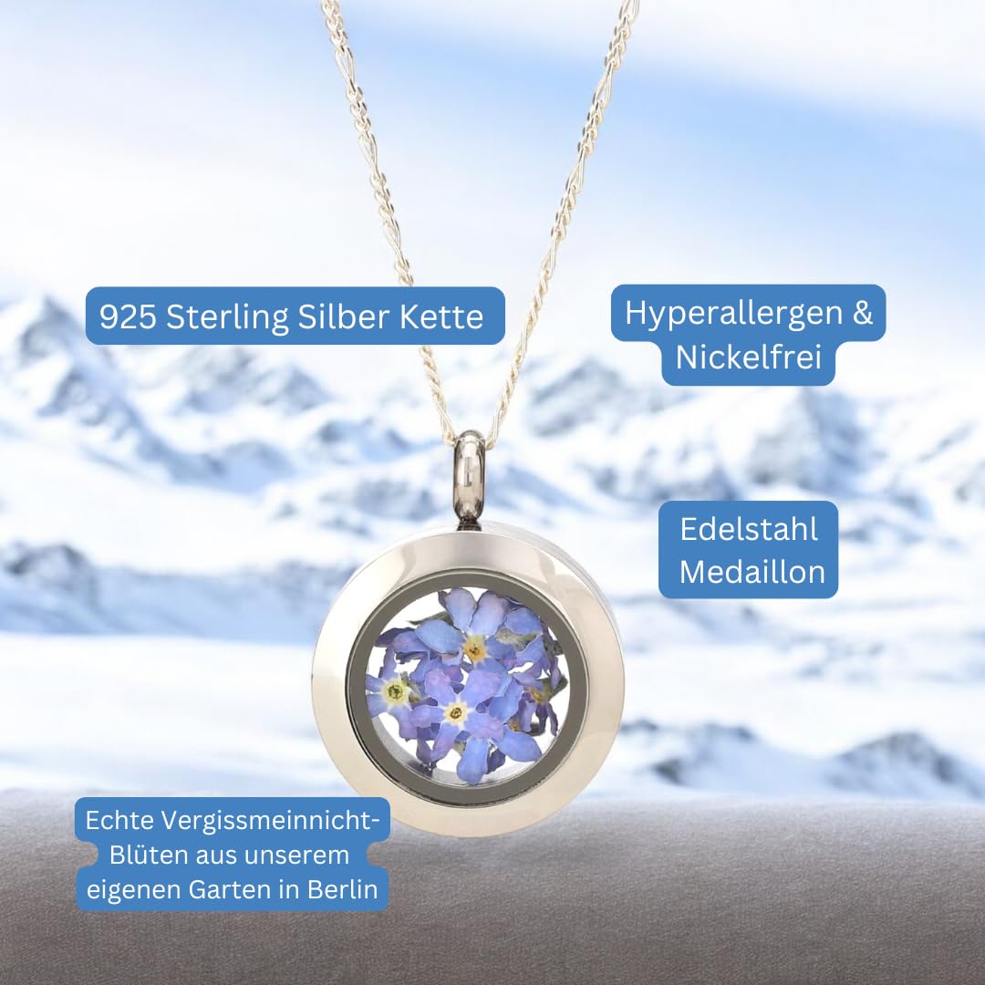 MadamLili 925 Sterling Silber Medaillonkette | Mit echten Vergissmeinnicht-Blüten | Andenken an Verstorbene | Geschenk für Frauen, Mama, Schwester & Beste Freundin | Erinnerungsschmuck