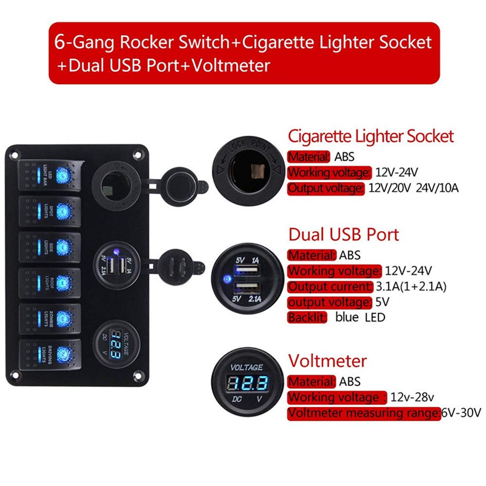 Cyfrowy 6-stopniowy panel przełącznika kołyskowego LED, 12 V, podwójne gniazdo zapalniczki, woltomierz, wyświetlacz, ochrona przed przeciążeniem, do samochodu, łodzi, kampera (6-drożny niebieski)