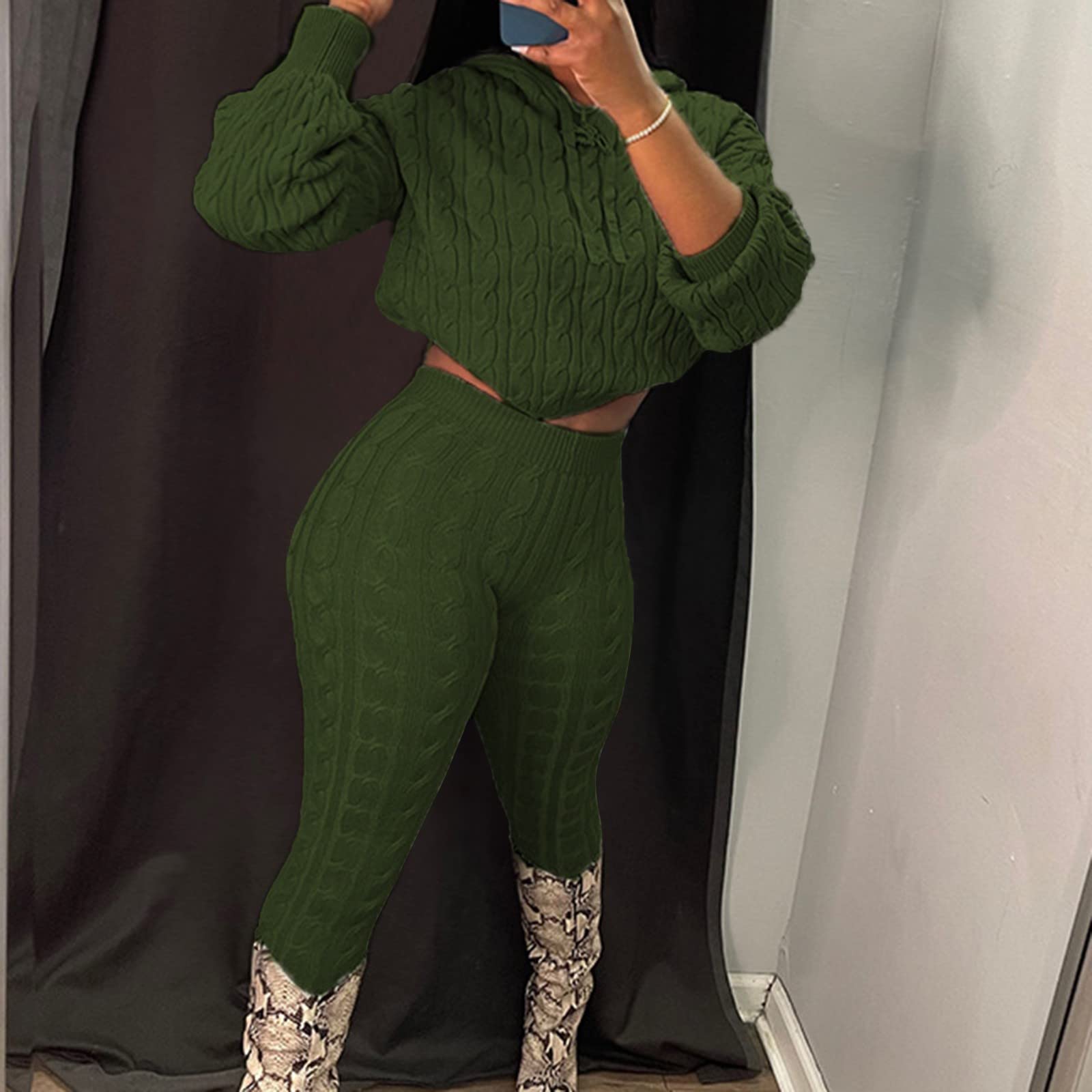 FGUUTYM Maglione casual da donna, per autunno e inverno, set di maglioni e pantaloni, alla moda, tinta unita, con cappuccio, casual, in due pezzi, da donna, elegante e festivo