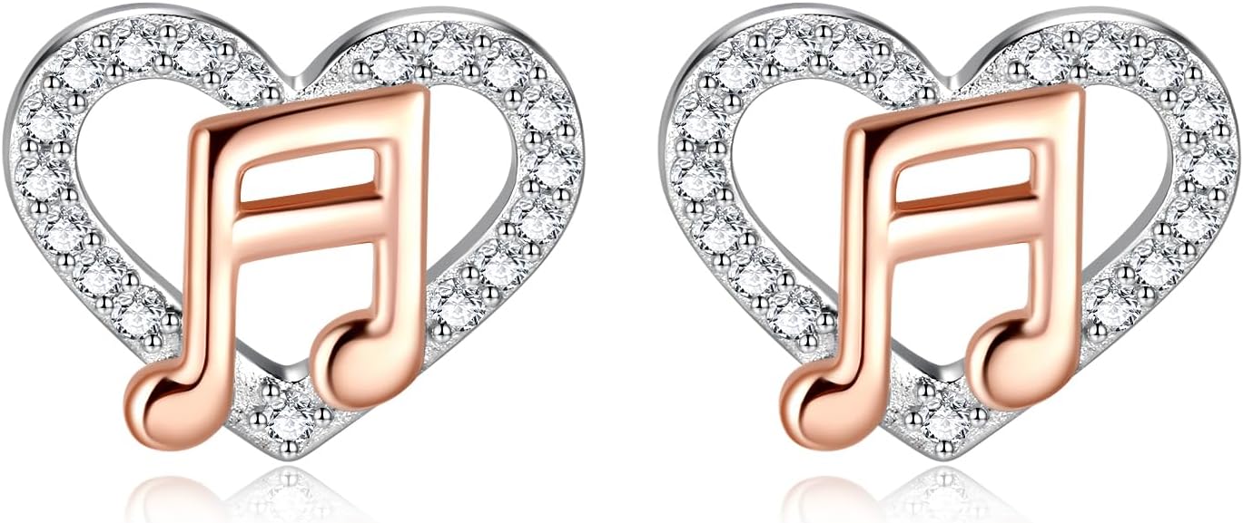 Sterling Silver Music Note Earrings for Women: Classic Musical Semiquaver Sixteenth Eighth Note Heart Stud Earrings with CZ Jewelry Gift for Music Lovers Music Students