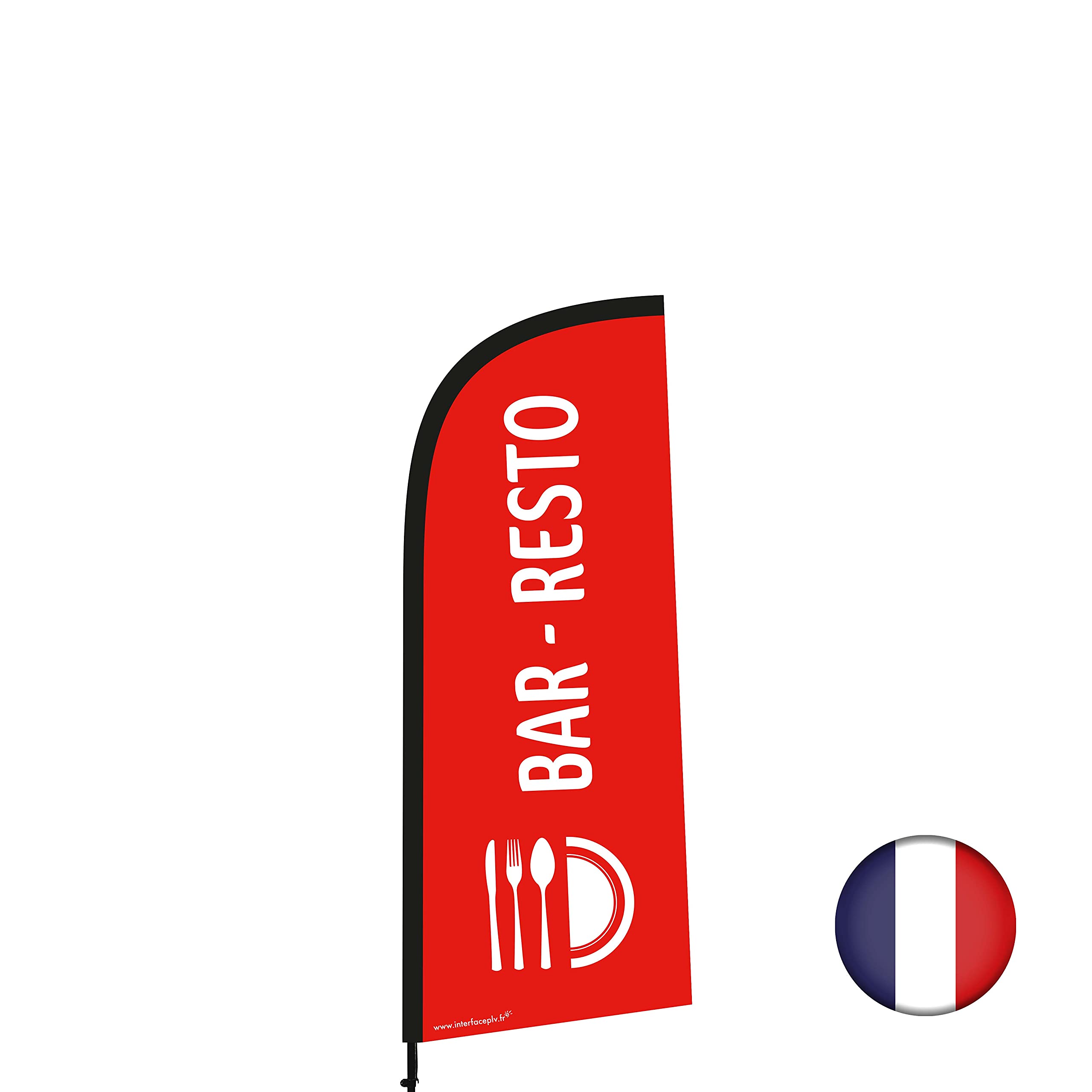 Werbeflagge "BAR RESTO" in der Größe 225 x 85 cm mit Mast.