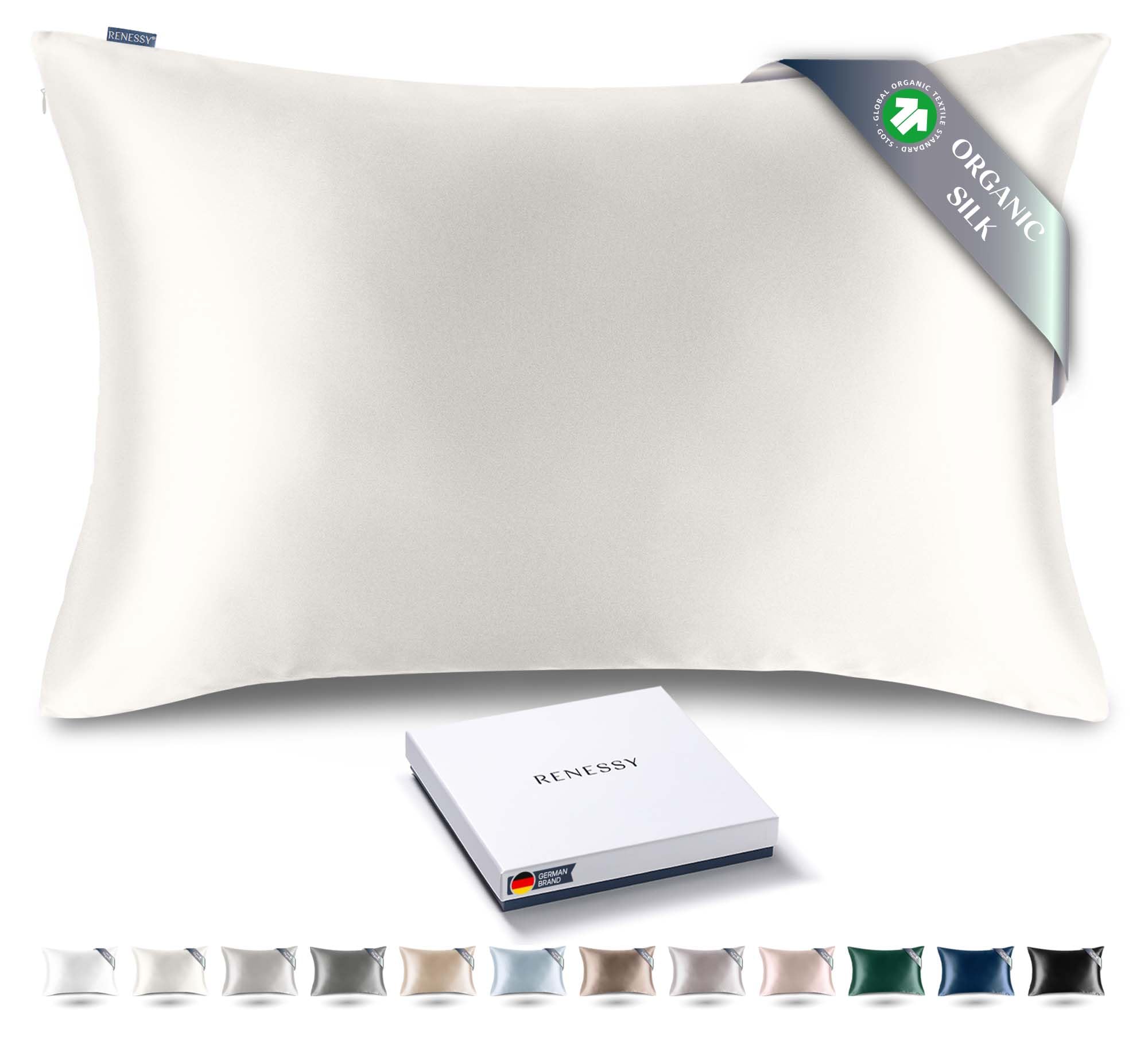 RENESSY Funda de Almohada de Seda 100% Orgánica 50x75 cm - 22 Momme Seda de Morera, Grado 6A, certificada por Oeko-Tex en Alemania - Lujo para el Cabello y la Piel, 1 Unidad (Seda Natural Marfil) OEKO-TEX MADE IN GREEN OEKO-TEX MADE IN GREEN OEKO-TEX MADE IN GREEN