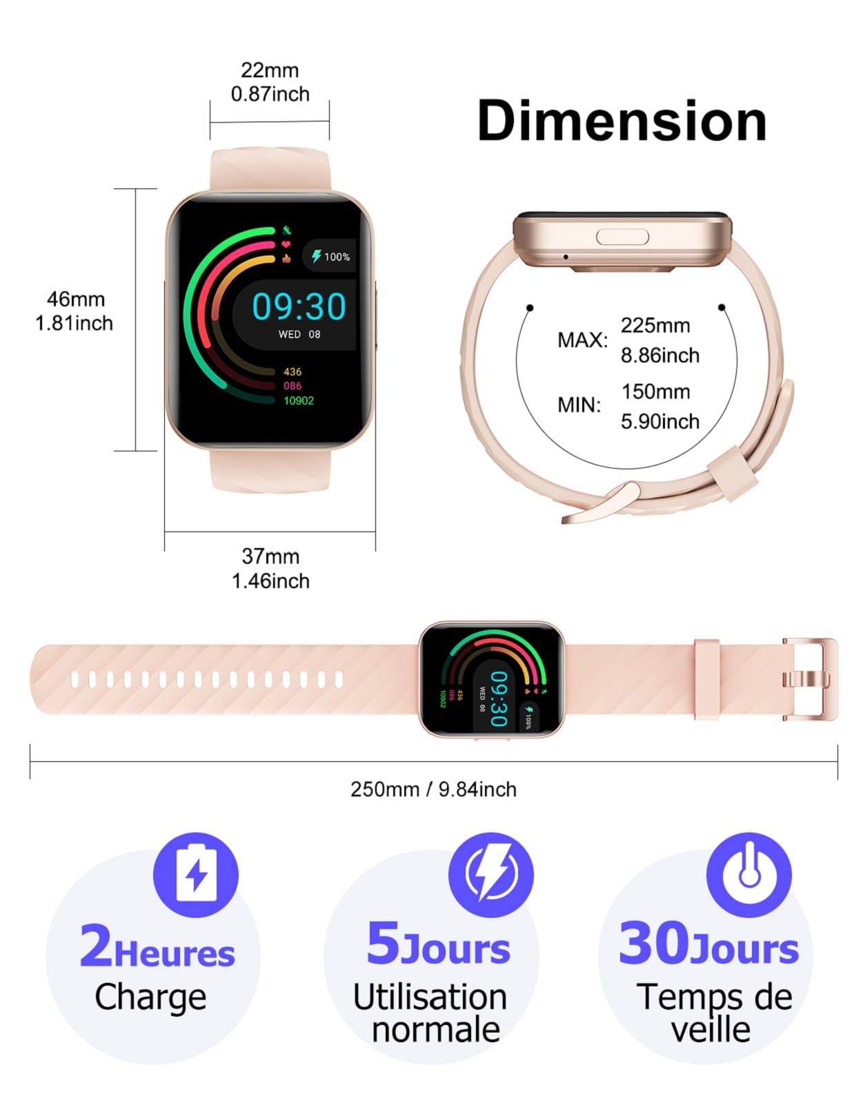 Montre Connectée Femme Appel Bluetooth Podometre Cardiofrequencemetre Oxymetre Montre Sport Etanche IP68 Cycle Menstruel Suivi Sommeil Calories Notification pour Samsung iPhone Xiaomi Android iOS Rose