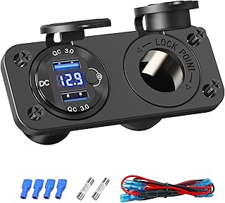 Cigarette Lighter Socket 12V Power Outlet, Qidoe Aluminum Dual 18W QC3.0 USB Charger Socket with LED Voltmeter Switch,150W DC Lighter Socket Waterproof 12V Plug Panel for Car Boat RV Marine Golf Cart