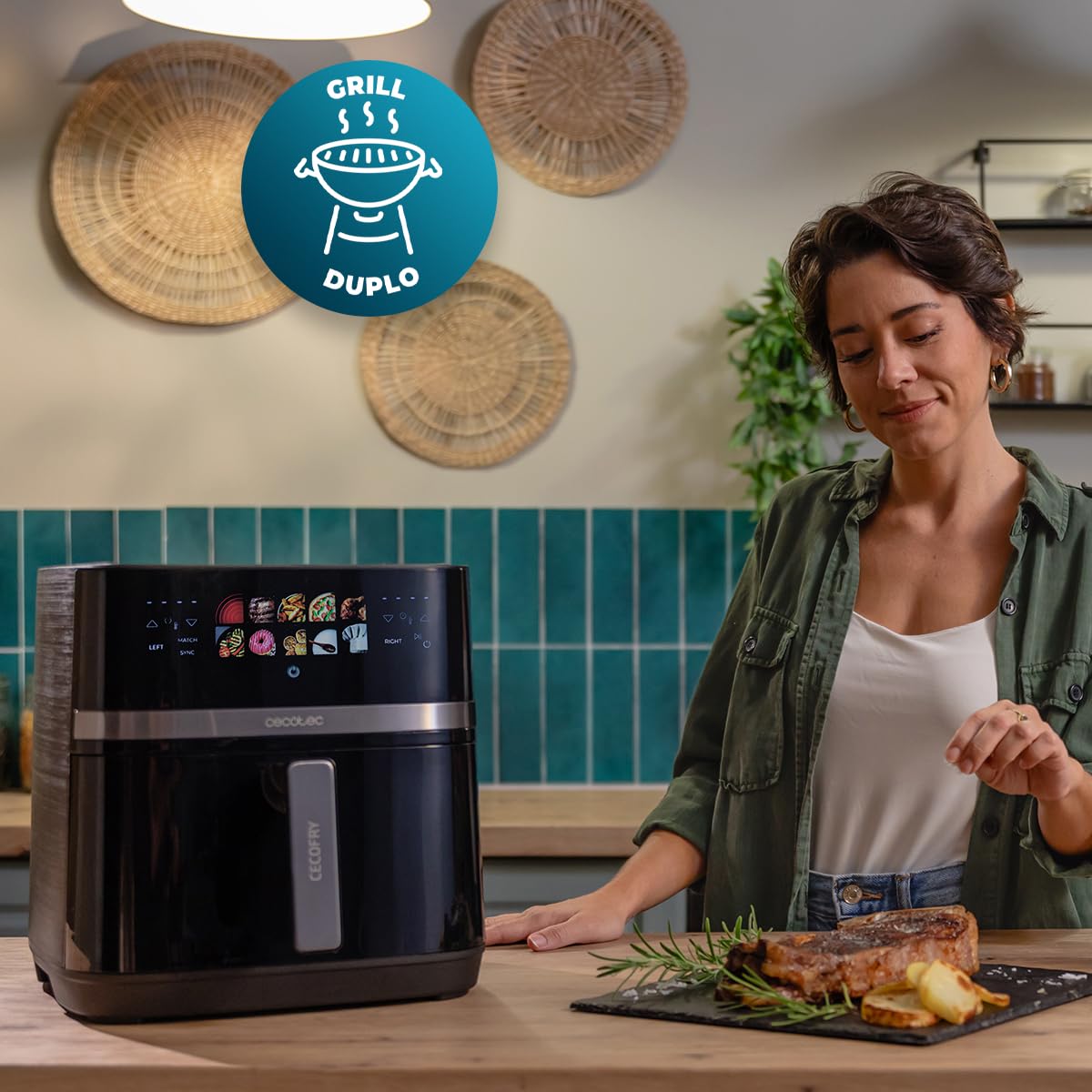 Cecotec Friggitrice ad Aria 8 L con Doppio Grill Cecofry&Grill Duoheat 8000 Hot. 2200 W, Doratura Perfetta e Sapore di Griglia nelle Carni, Temperatura tra 80-200 °C, 8 Menu e Finestra