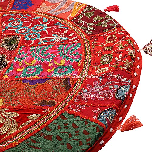 Stylo Culture Ethnic Round Throw Pillows For Bedroom Vintage Patchwork Floor Cushion Cover Red 28X28 Big Decorative Decor Seating Tuffet Seat Pouf Cover Footstool Cotton Embroidered 1 Pc #TOP2