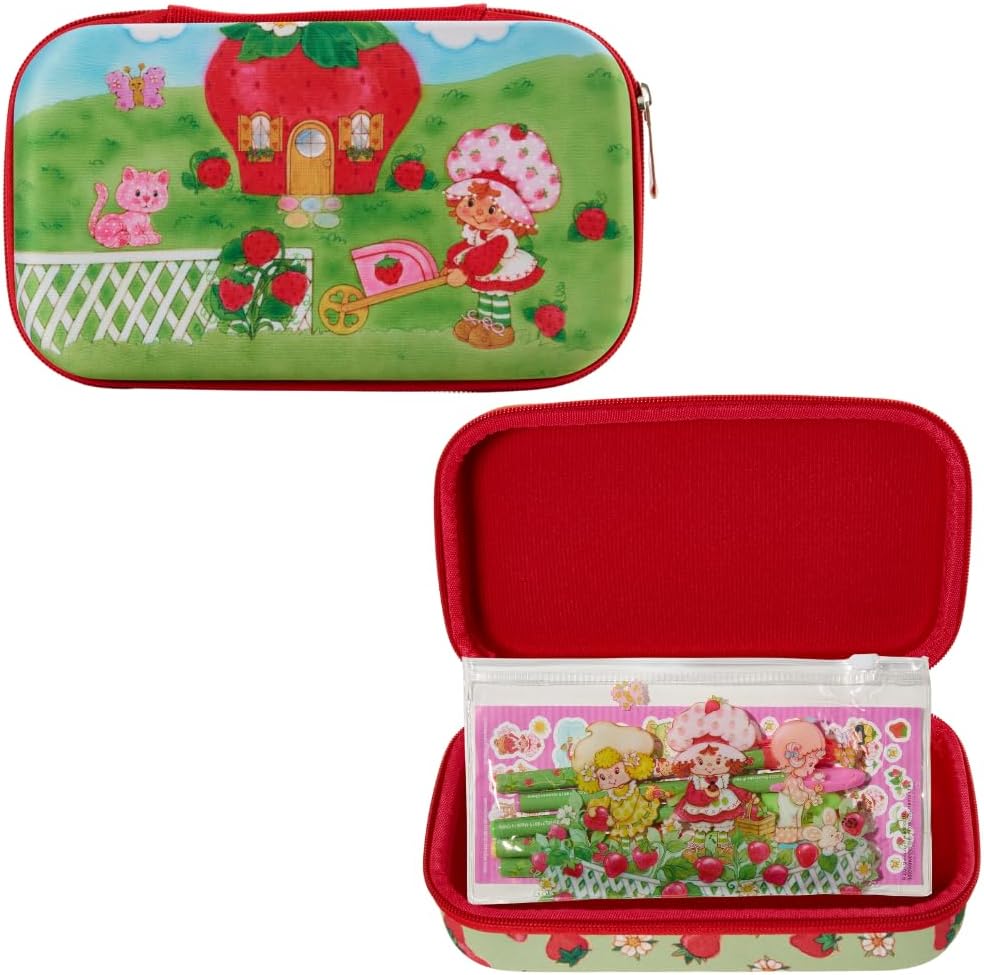 Innovative Designs Strawberry Shortcake Pencil Case Set with Stickers and Gel Pens for Kids, Molded with Zip Closure, Pink