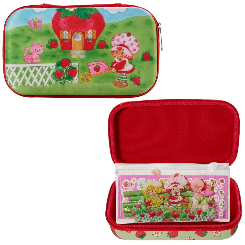 Innovative Designs Strawberry Shortcake Pencil Case Set with Stickers and Gel Pens for Kids, Molded with Zip Closure, Pink