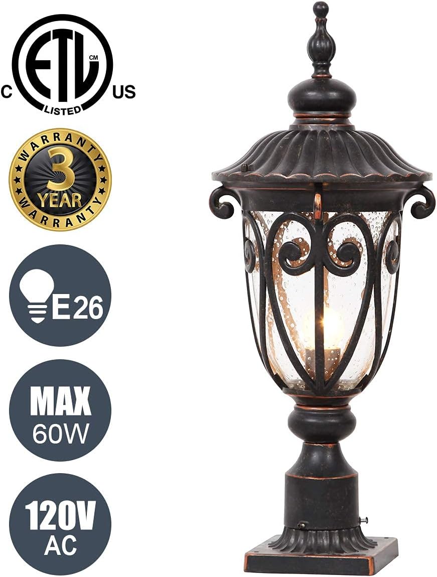 Best Deal Cheap 🛒 Goalplus Outdoor Post Light Fixture with Pier Mount Vintage Post Lamp for Yard 60W E26 Post Lantern in Bronze Finish with Seeded Glass Shade, 24 High, IP44 Waterproof, LM0519-M