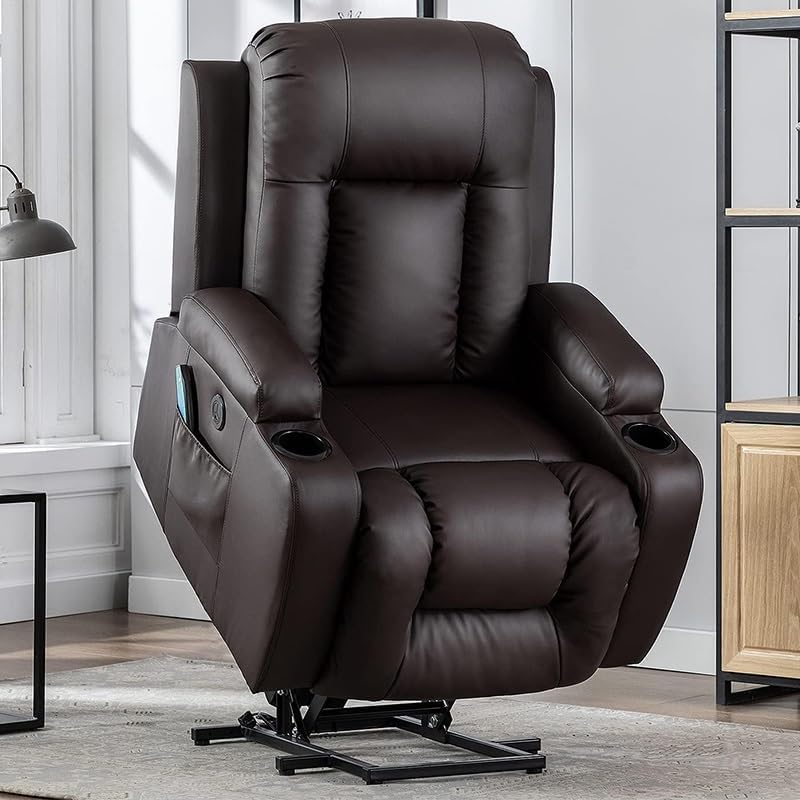 PU Leather Electric Lift Recliner Chair Adults Ergonomic Single Lounge Sofa Elderly Home Theater Seating with 2 Side Pockets Cup Holders USB Ports Massage and Heated