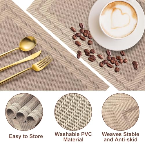 Guess Set di 8 Tovagliette Americane Lavabile, Tovagliette Colazione in 70% PVC e 30% Poliestere, Plastica Tovaglietta Americana Antiscivolo e Resistente Calore per Cucina Ristoranti(45x30cm, Beige) - immagine 5
