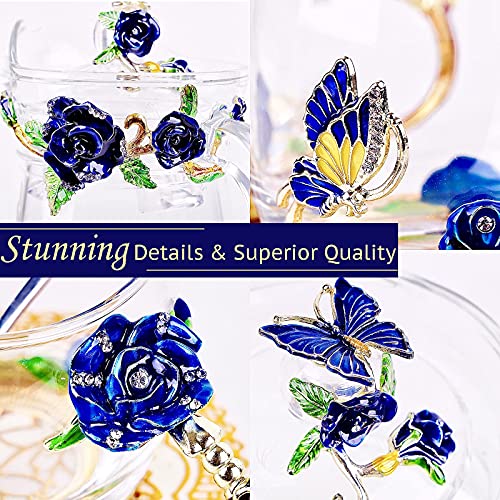 Fancy Flower Glass Tea Sets For Women, 10Oz Fancy Coffee Mug Set Of 2 With Spoons, Butterfly Floral Clear Teapot And Cup Sets For Adults, Gift For Women Mom Wife Tea Party Christmas #TOP2